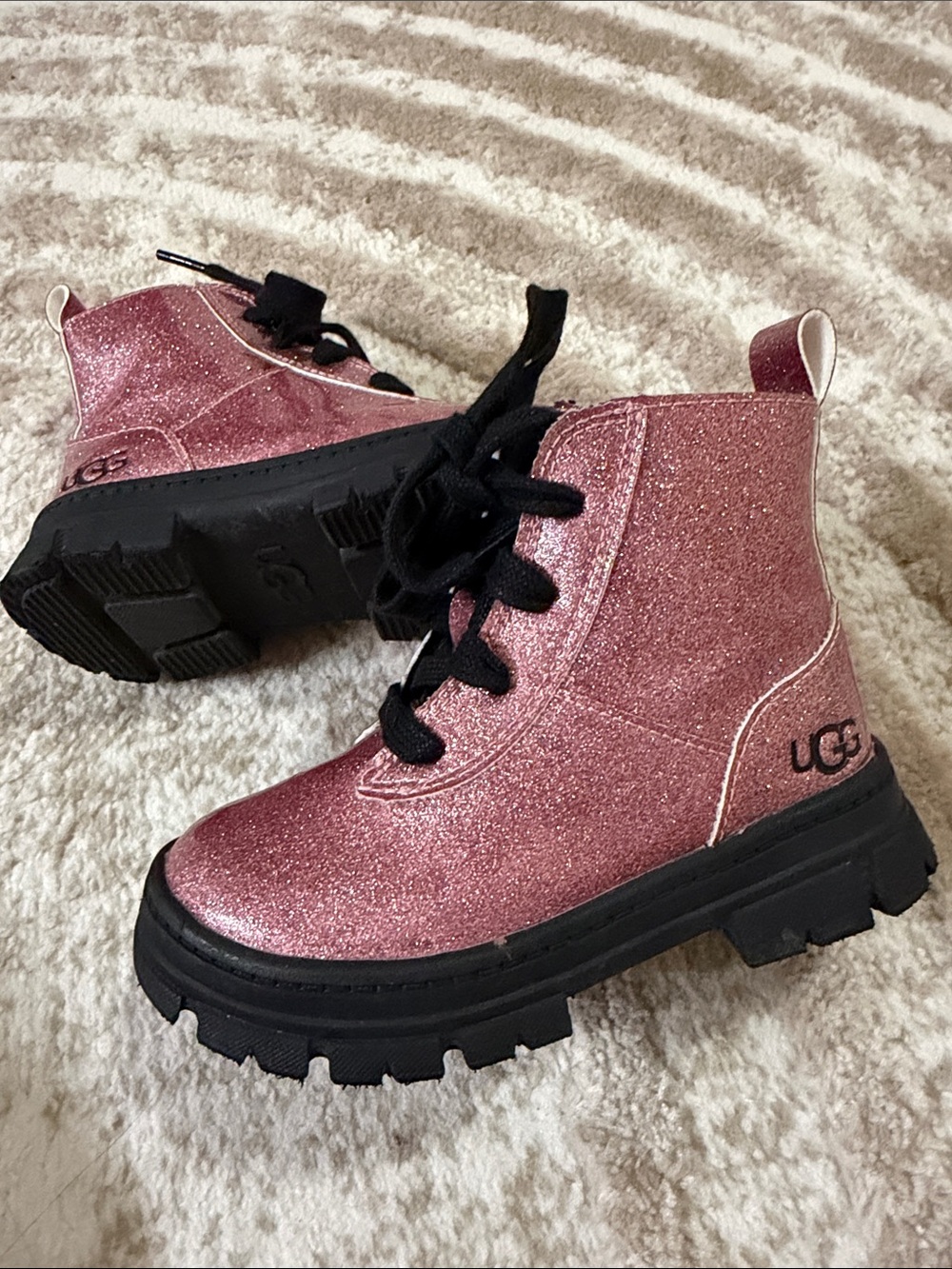 UGG Kids Glitter Pink Lace-Up Combat Boots- 9T